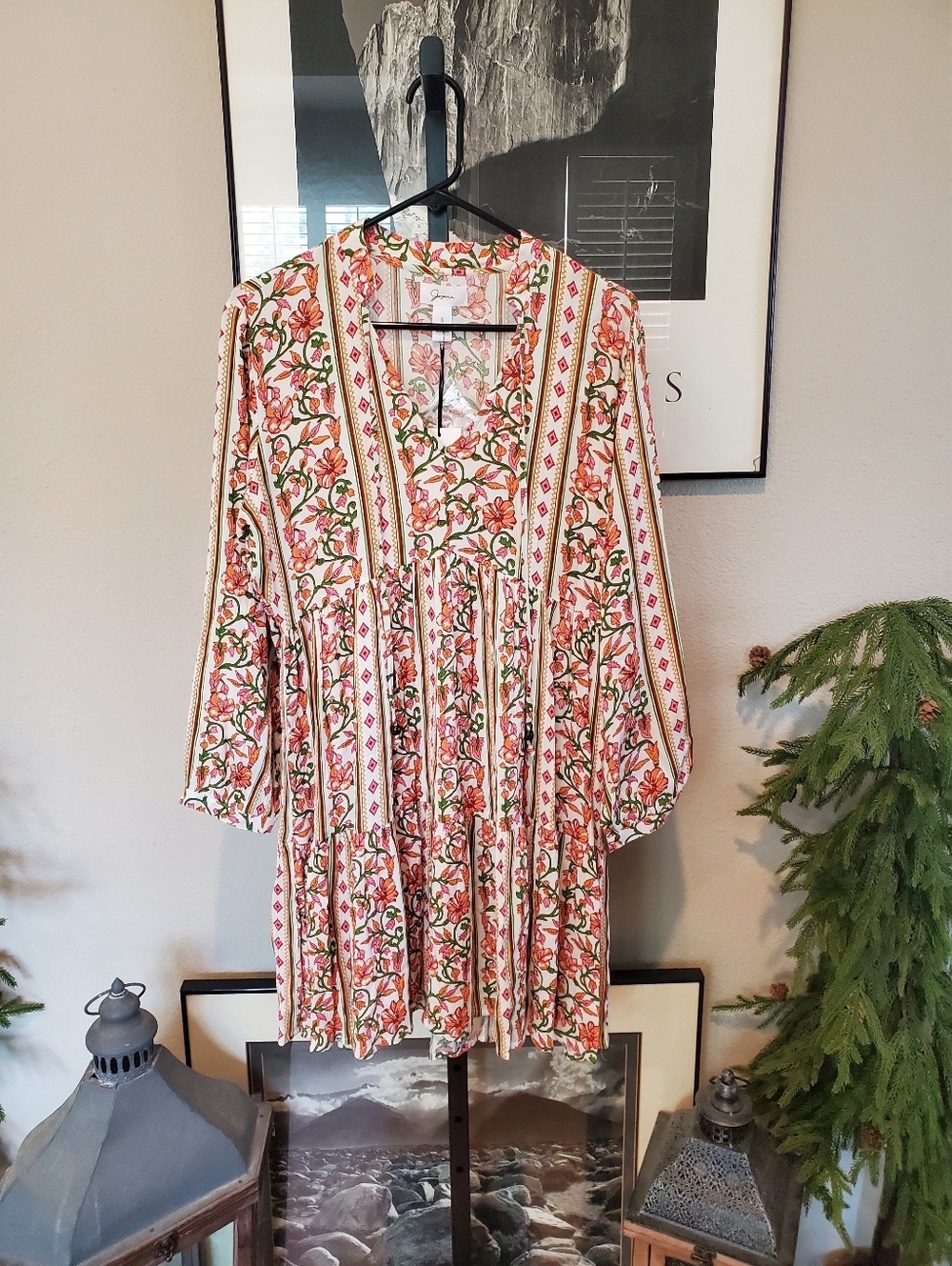 Japna Cream Dress with Pink and Green Floral Print